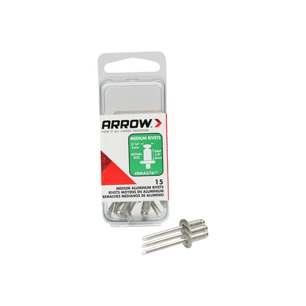 Arrow Fastener Rivet, 3/16" Dia., 1/4" L, Aluminum Body, 15 PK RMA3/16